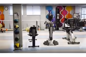 Interior fitness/rehab room with stationary bikes, a rowing machine, and a rack of medicine balls in front of a colorful wall mural.