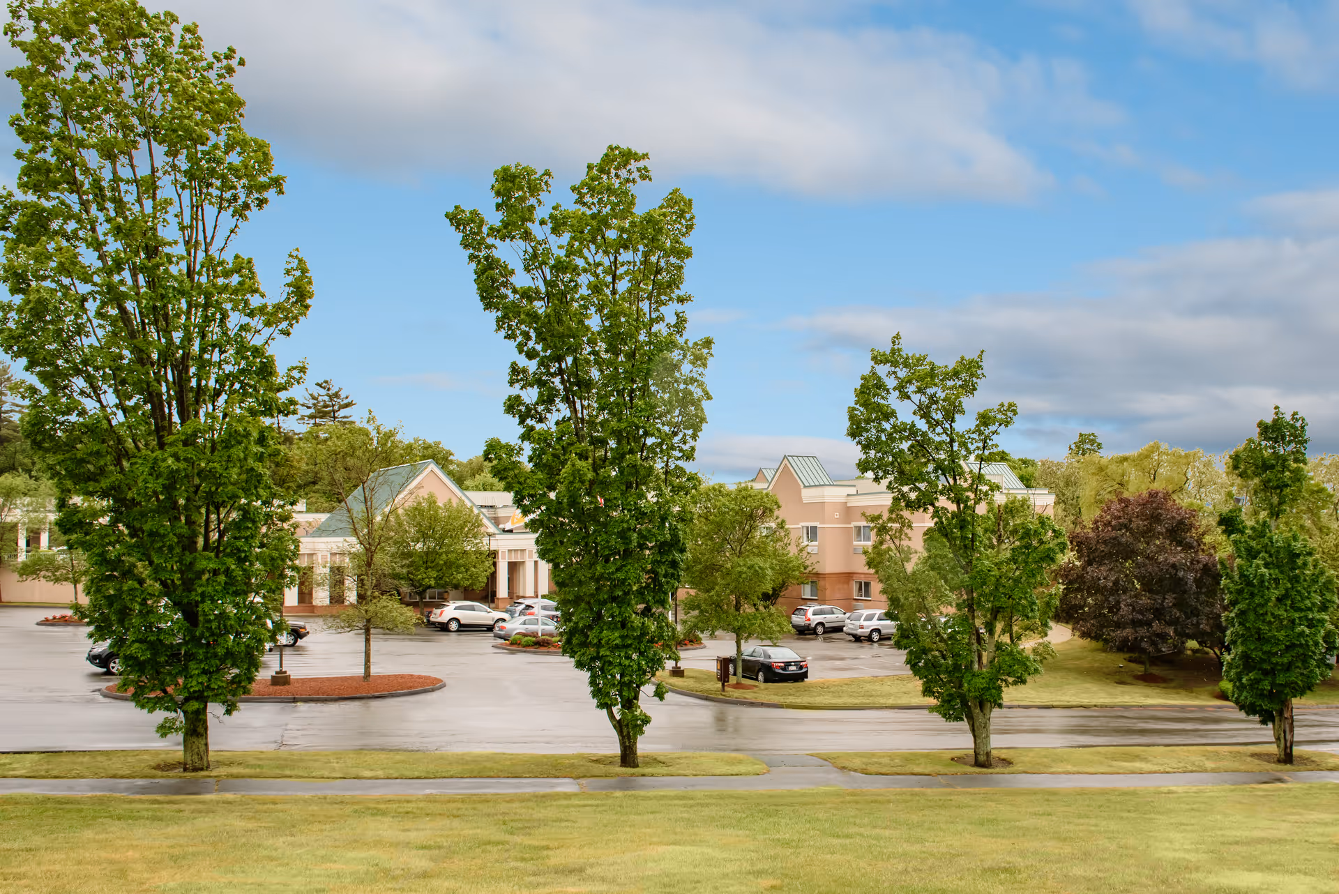 View of the Life Care Center of Stoneham building from across a grassy area with several tall green trees and a parking lot with cars. The sky is partly cloudy.
