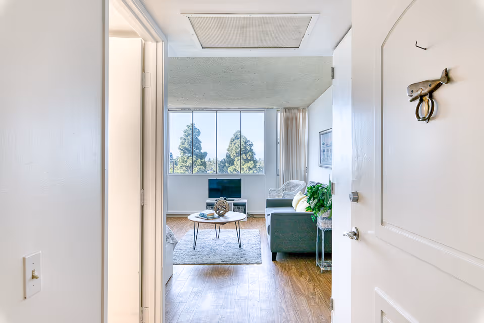View through an open doorway into a bright living room with large windows showing trees outside. The room has a gray sofa with yellow pillows, a white wicker chair, a round coffee table with decorative items, a TV on a stand, and a plant on a side table. The floor is wooden and there is a light gray rug under the coffee table.