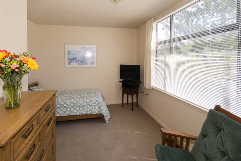 A small bedroom with a single bed covered in a blue and white patterned bedspread, a wooden dresser with a vase of colorful flowers on top, a small TV on a stand in the corner, a large window with blinds letting in natural light, and a green cushioned wooden chair near the window.