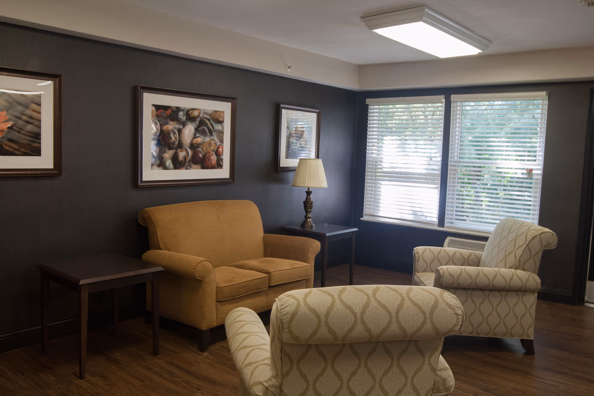 A cozy living room area with a mustard yellow loveseat, two patterned beige armchairs, a wooden side table with a lamp, dark walls adorned with framed artwork, and large windows with white blinds letting in natural light.