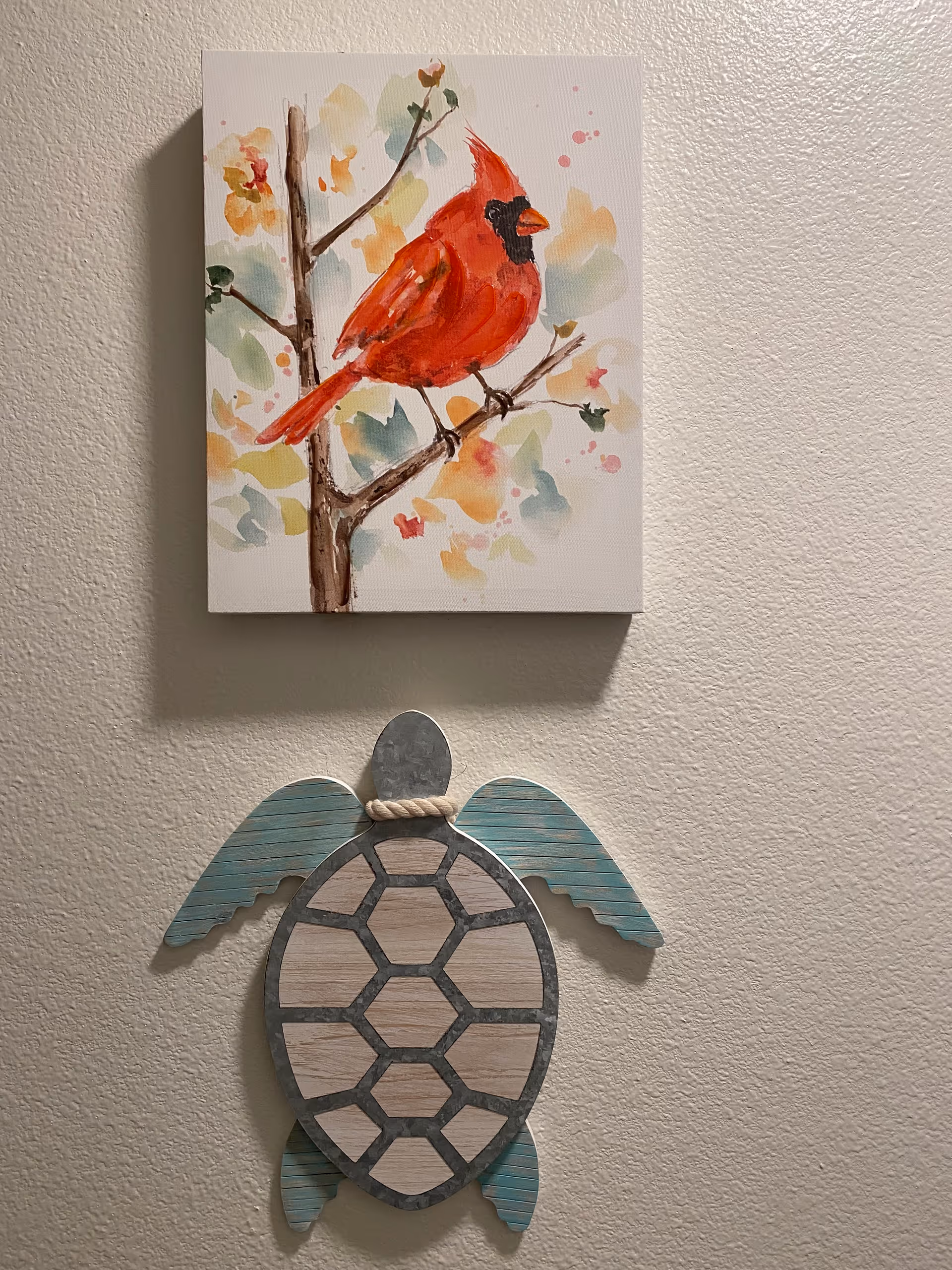 A wall with two decorative items: a colorful painting of a red cardinal bird perched on a branch with leaves and flowers, and below it, a wooden and metal wall decoration shaped like a sea turtle with blue wings and a rope detail around its neck.
