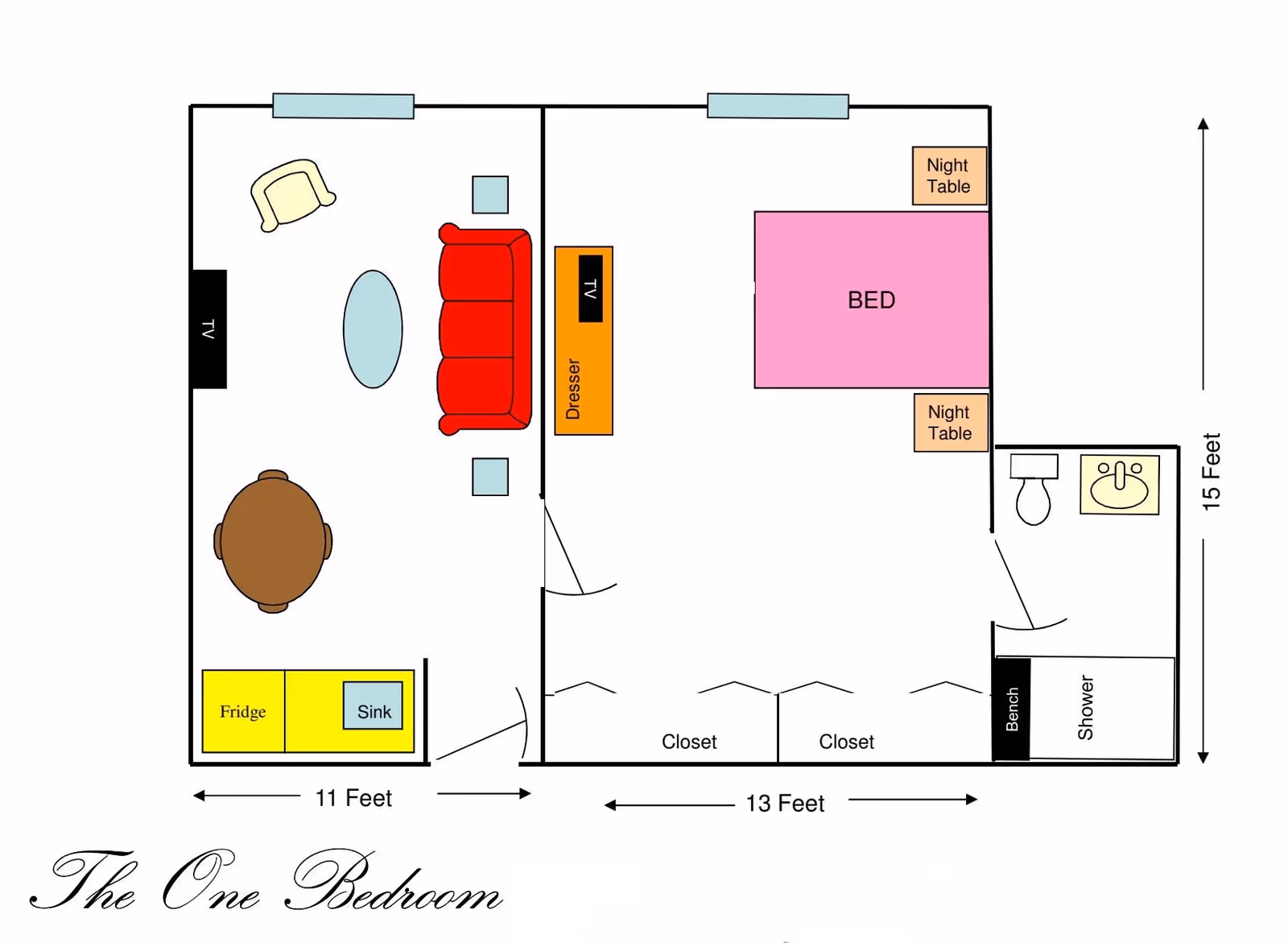 Floor plan of a one-bedroom apartment showing a living room with a red sofa, armchair, coffee table, round dining table, TV, and kitchen area with fridge and sink. The bedroom contains a bed with two night tables and a dresser with a TV. There is a bathroom with a toilet, sink, shower with bench, and two closets in the bedroom area. Dimensions are 11 feet by 13 feet for the main areas and 15 feet in total length.