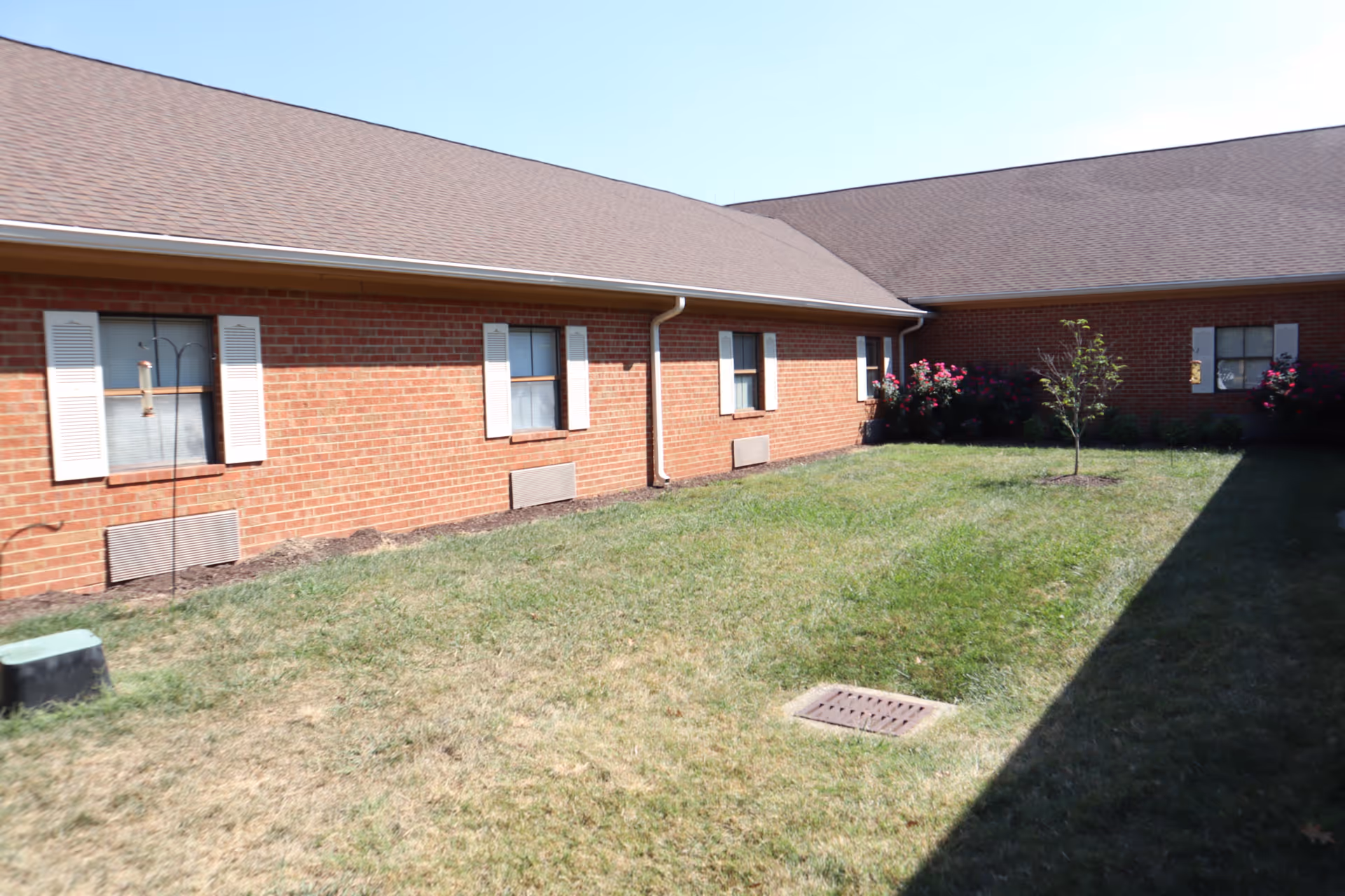 A grassy courtyard area surrounded by a single-story brick building with several windows, some with white shutters. There is a small tree and some flowering bushes in the corner of the courtyard. The sky is clear and blue.