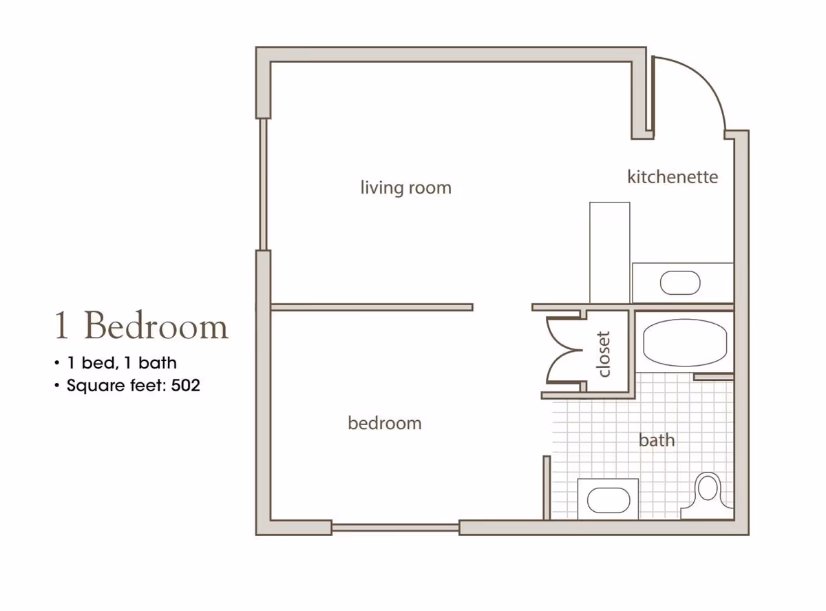 Floor plan of a one-bedroom apartment showing a living room, bedroom, kitchenette, closet, and bathroom. The apartment has 1 bed, 1 bath, and a total area of 502 square feet.