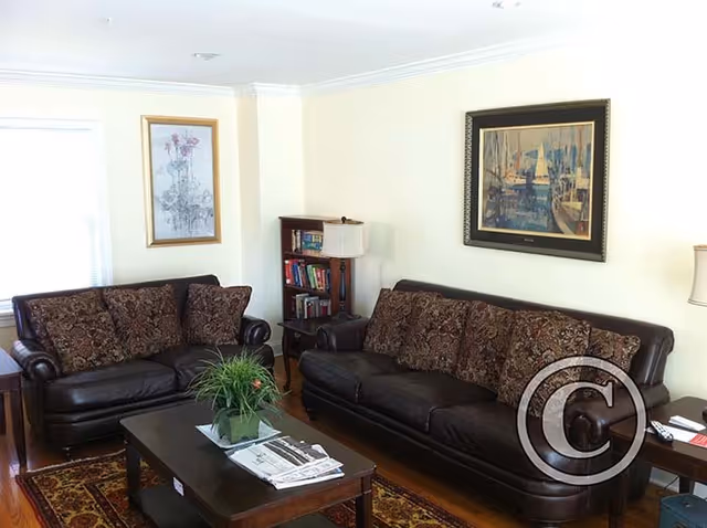 Cozy living room with two dark leather sofas, coffee table, plant, bookshelf, and framed art.