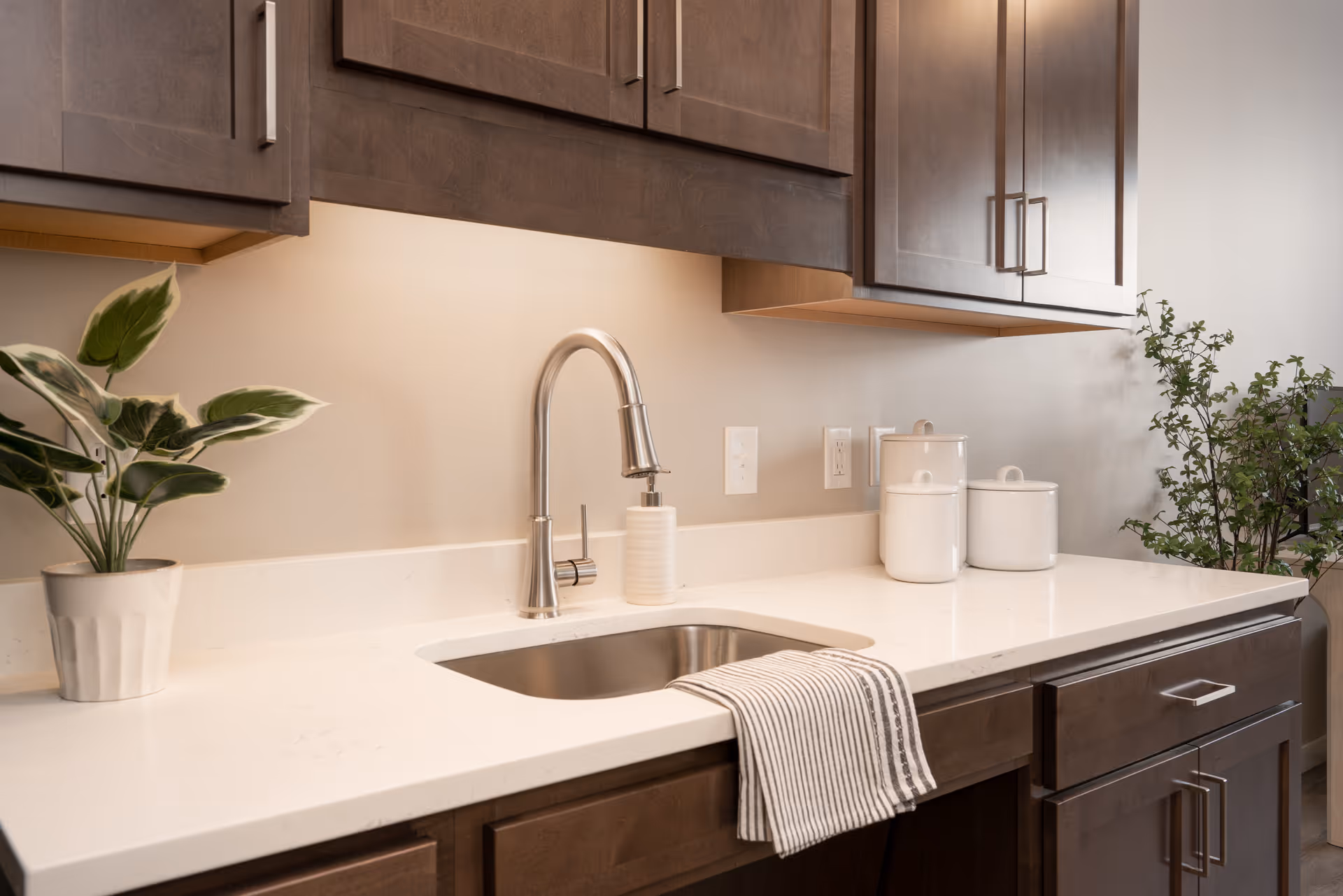 A modern kitchen countertop with a stainless steel sink and a curved faucet. There is a striped dish towel hanging over the edge of the sink. On the countertop, there are two white ceramic canisters with lids and a small potted plant with green and white leaves. Above the countertop are dark wooden cabinets with silver handles.