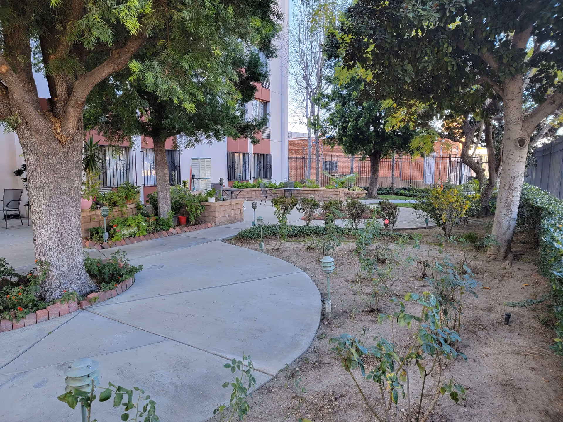 Outdoor courtyard with curving concrete walkways, trees, planted beds and seating in front of a multi-story residential building.