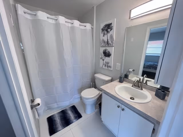Small bathroom with a shower/tub with white curtain, toilet, sink vanity with mirror, and floral wall art.