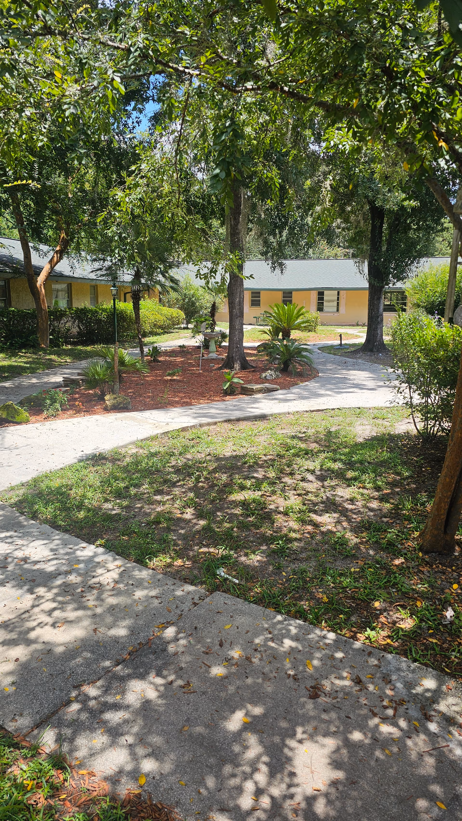 Tree-shaded courtyard with winding concrete paths, landscaped beds, and a low yellow building in the background.