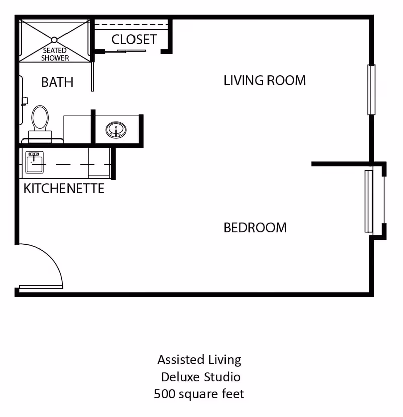 Floor plan of an assisted living deluxe studio apartment with 500 square feet, showing a living room, bedroom, kitchenette, bathroom with seated shower, and a closet.