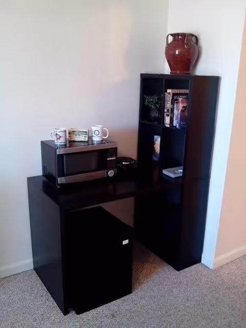 A small kitchenette area with a black mini refrigerator, a microwave on top of a black table, and a black shelving unit with decorative items including a red vase, books, and a small plant. Two coffee mugs are placed on the microwave.