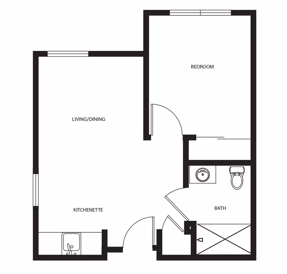 Black-and-white one-bedroom apartment floor plan showing a living/dining area, kitchenette, bedroom, and bathroom.
