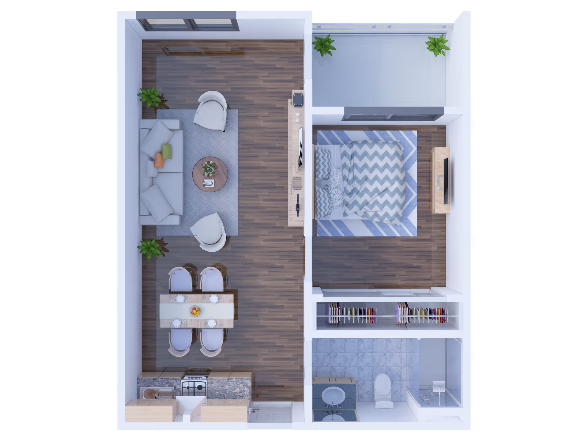 Top-down view of a senior living apartment floor plan showing a living room with sofa, two chairs, and coffee table, a dining area with a table and four chairs, a kitchen with stove and sink, a bedroom with a bed and TV, a closet with hanging clothes, a bathroom with a sink, toilet, and shower, and a balcony with two plants.