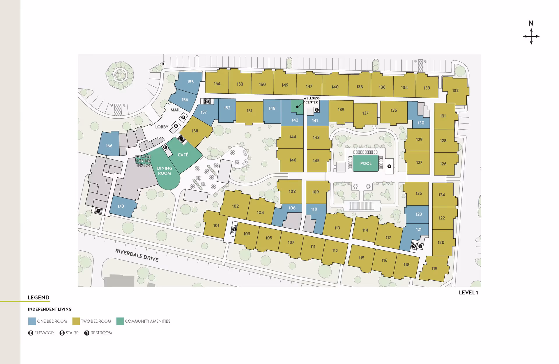 Floor plan of Atria at Hometown senior living facility showing layout of independent living units including one-bedroom and two-bedroom apartments, community amenities such as dining room, café, wellness center, pool, lobby, mail area, and locations of elevators, stairs, and restrooms. The plan is oriented with north at the top and includes a legend for unit types and symbols.