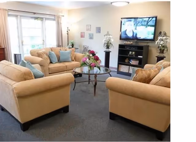 A cozy living room with three beige sofas arranged around a glass coffee table with a flower arrangement. A flat-screen TV is mounted on the wall above a black shelving unit. The room has a large window with curtains, a floor lamp, and decorative plants on stands.