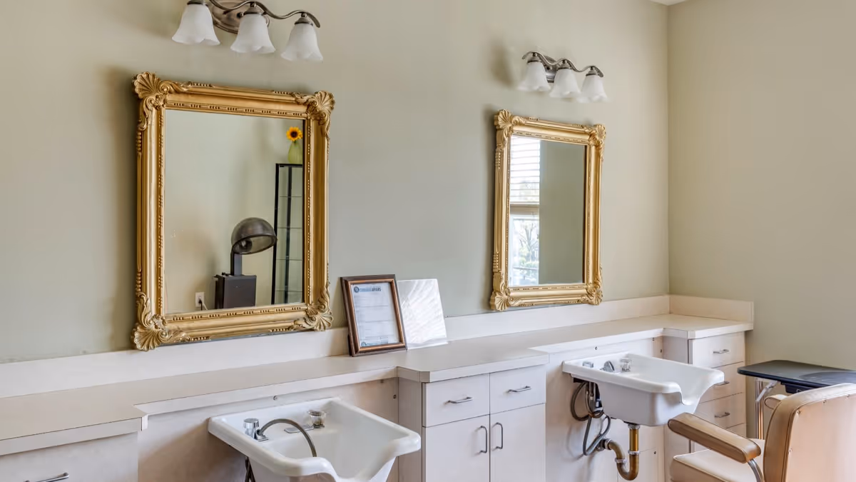 Interior view of a grooming or hair washing station with two white sinks, two ornate gold-framed mirrors above each sink, beige countertops, and a beige wall. There is a chair positioned in front of one of the sinks and a framed certificate or document placed on the countertop between the sinks.