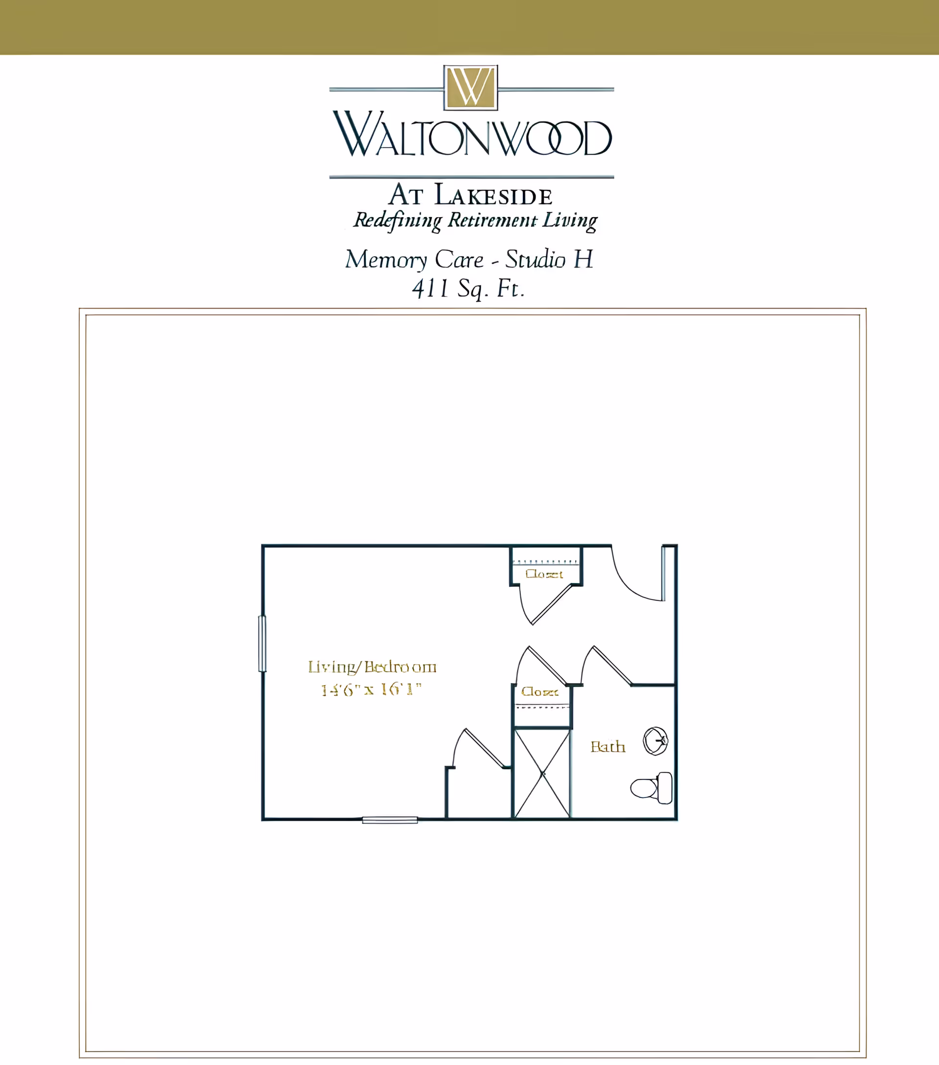 Floor plan of a Memory Care Studio H apartment at Waltonwood Lakeside, showing a living/bedroom area measuring 14'6" x 16'1", two closets, and a bathroom with a toilet and sink. The total area is 411 square feet.