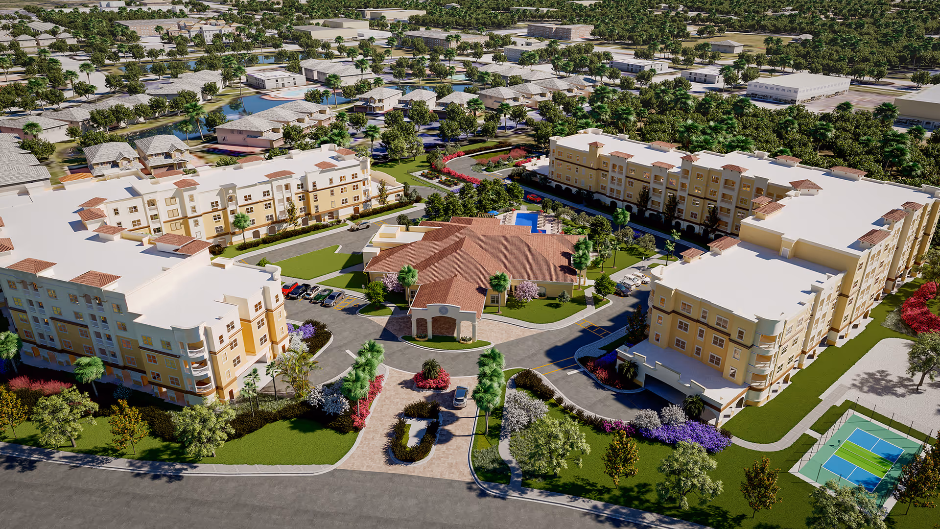 Aerial view of The Alloro at University Groves senior living campus with multiple beige residential buildings, a central clubhouse and pool, landscaped grounds, and a tennis court.