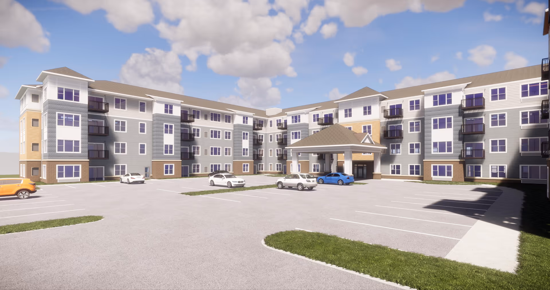 Exterior view of a modern four-story senior living facility building with multiple balconies, a covered entrance, and a parking lot with several cars parked. The sky is partly cloudy.