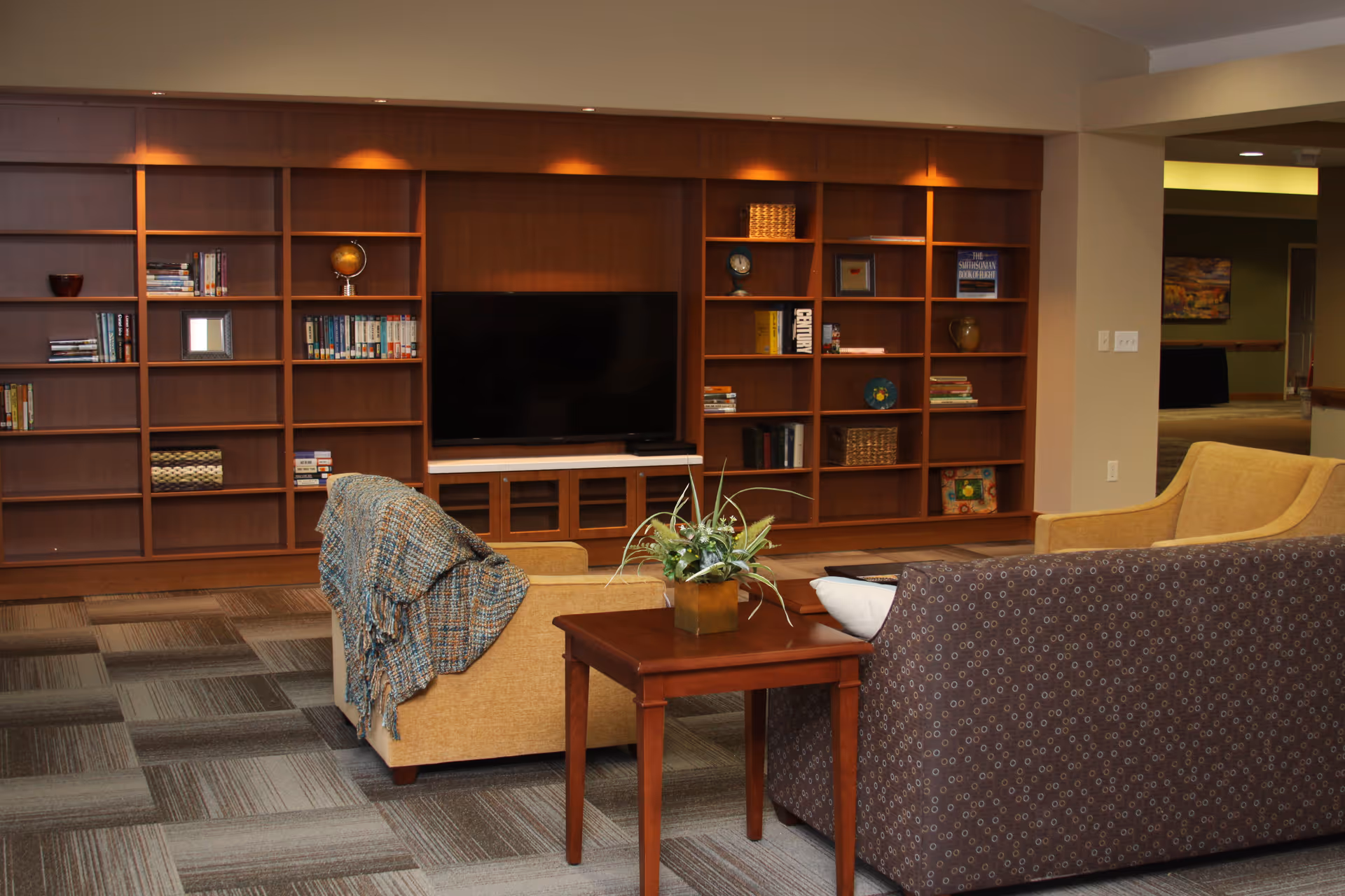 A cozy living room area with a large wooden bookshelf filled with books and decorative items, a flat-screen TV in the center, two armchairs with a blanket draped over one, a patterned sofa, and a wooden side table with a potted plant. The room has carpeted flooring and warm lighting.