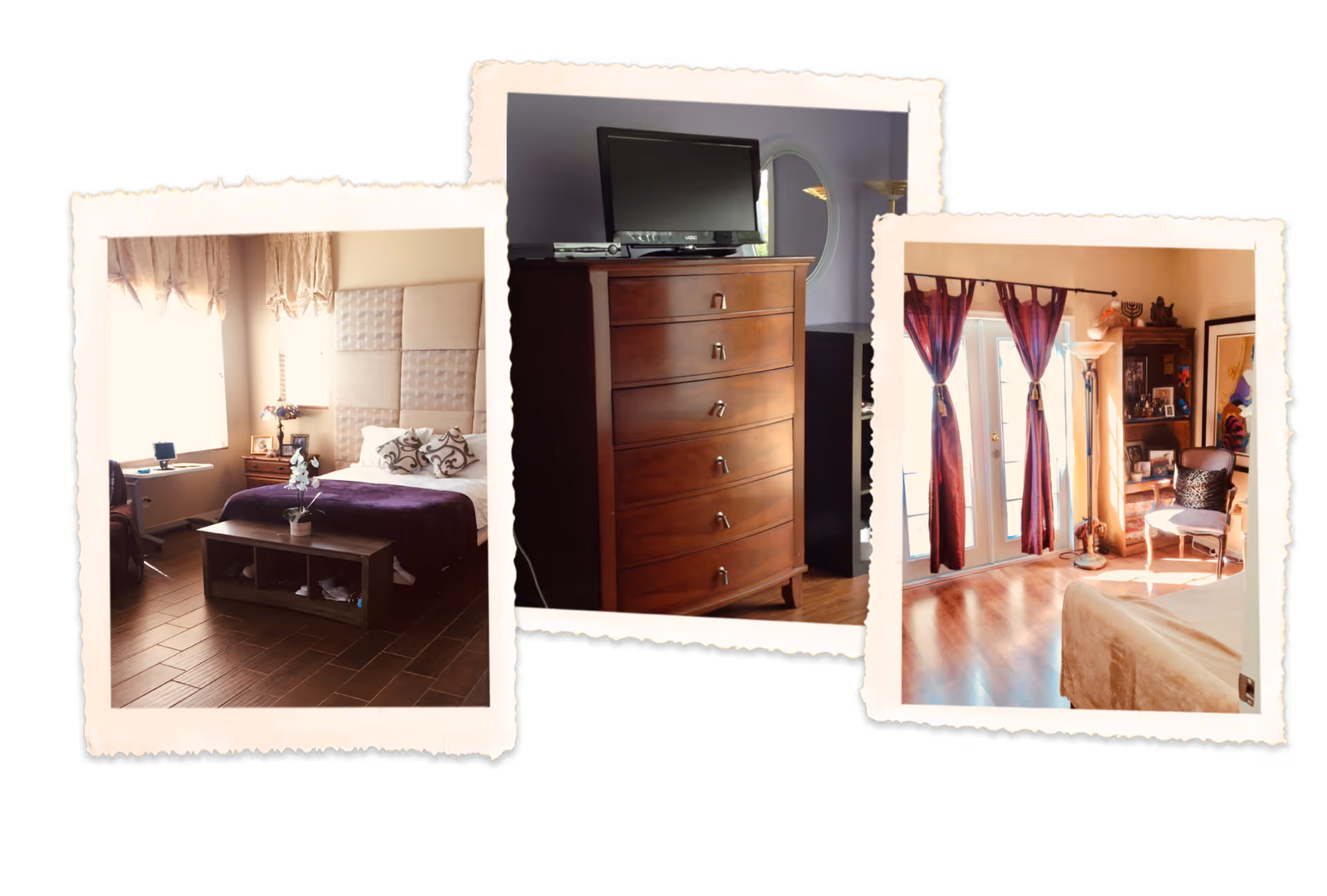Collage of three interior photos showing a bedroom with a bed and nightstand, a tall wooden dresser with a TV, and a sunlit sitting area with French doors and curtains.