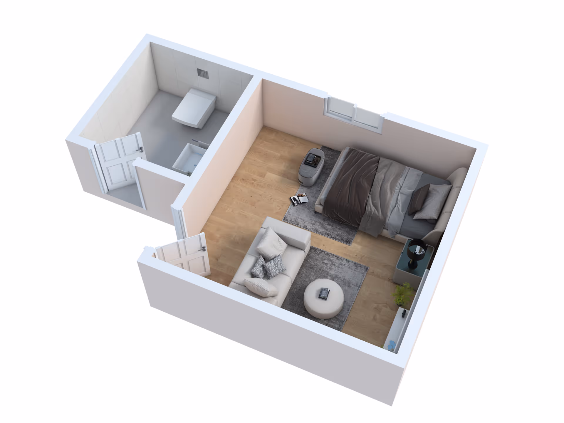 3D floor plan of a small senior living unit showing a bedroom with a bed, side table with a lamp, a small sofa with cushions, a round ottoman, and a bathroom with a toilet and sink.