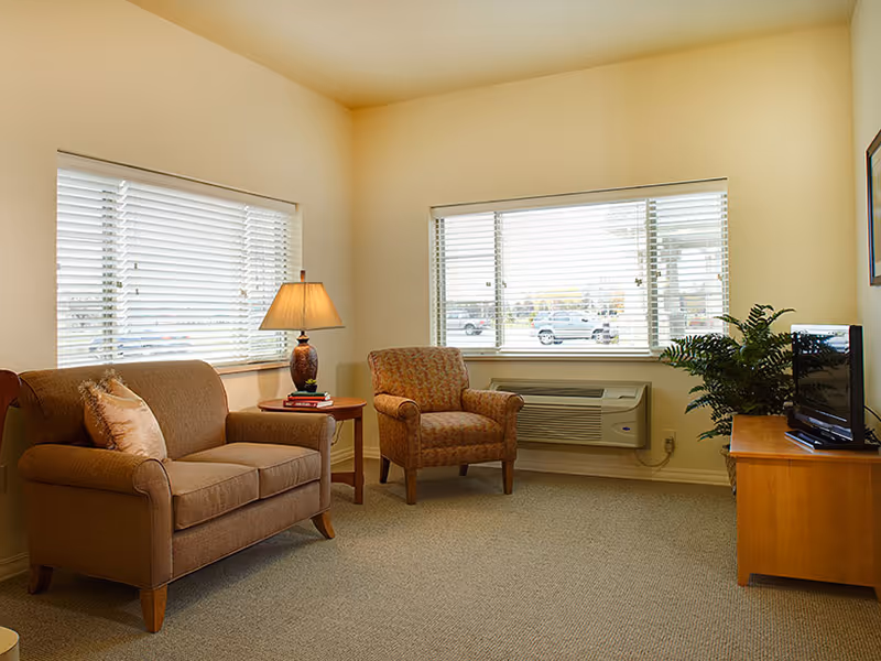 A cozy living room with beige walls and carpet, featuring a brown loveseat with a decorative pillow, a matching armchair, a wooden side table with a lamp and books, a wooden TV stand with a flat-screen television, and a potted plant. Two large windows with white blinds let in natural light.