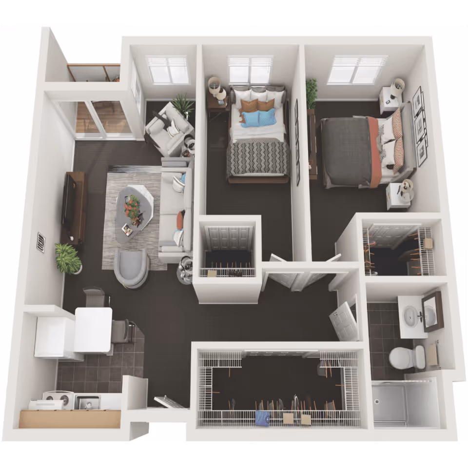 3D floor plan of a senior living apartment featuring two bedrooms, a living room with sofa and armchair, a kitchen with dining table, a bathroom with shower, and multiple closets.