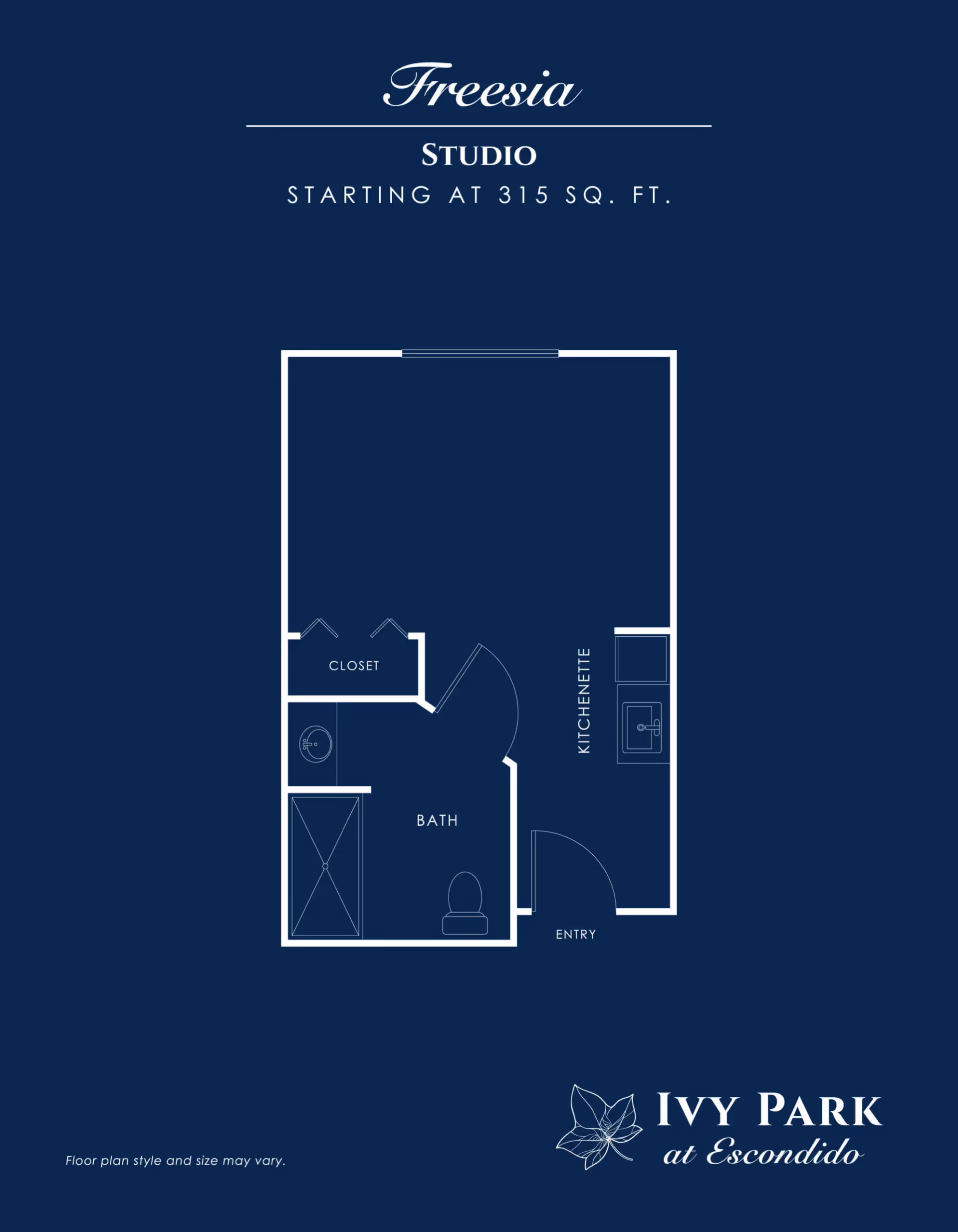 Floor plan of a studio apartment named Freesia at Ivy Park at Escondido, starting at 315 square feet. The layout includes an entry leading to a kitchenette, a bathroom with a shower, toilet, and sink, and a closet adjacent to the bathroom.