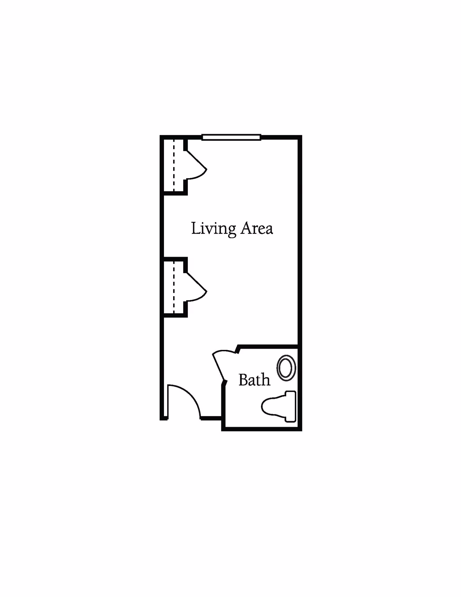 Floor plan layout showing a living area with two closets and a bathroom containing a toilet and sink.