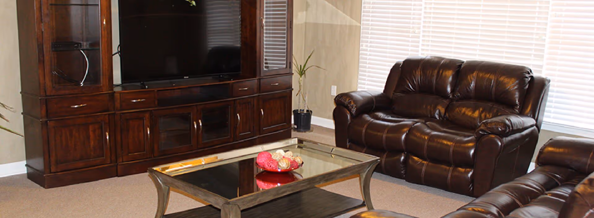 Living room with dark leather sofas, a wooden entertainment center with a TV, and a glass-top coffee table with a decorative bowl.