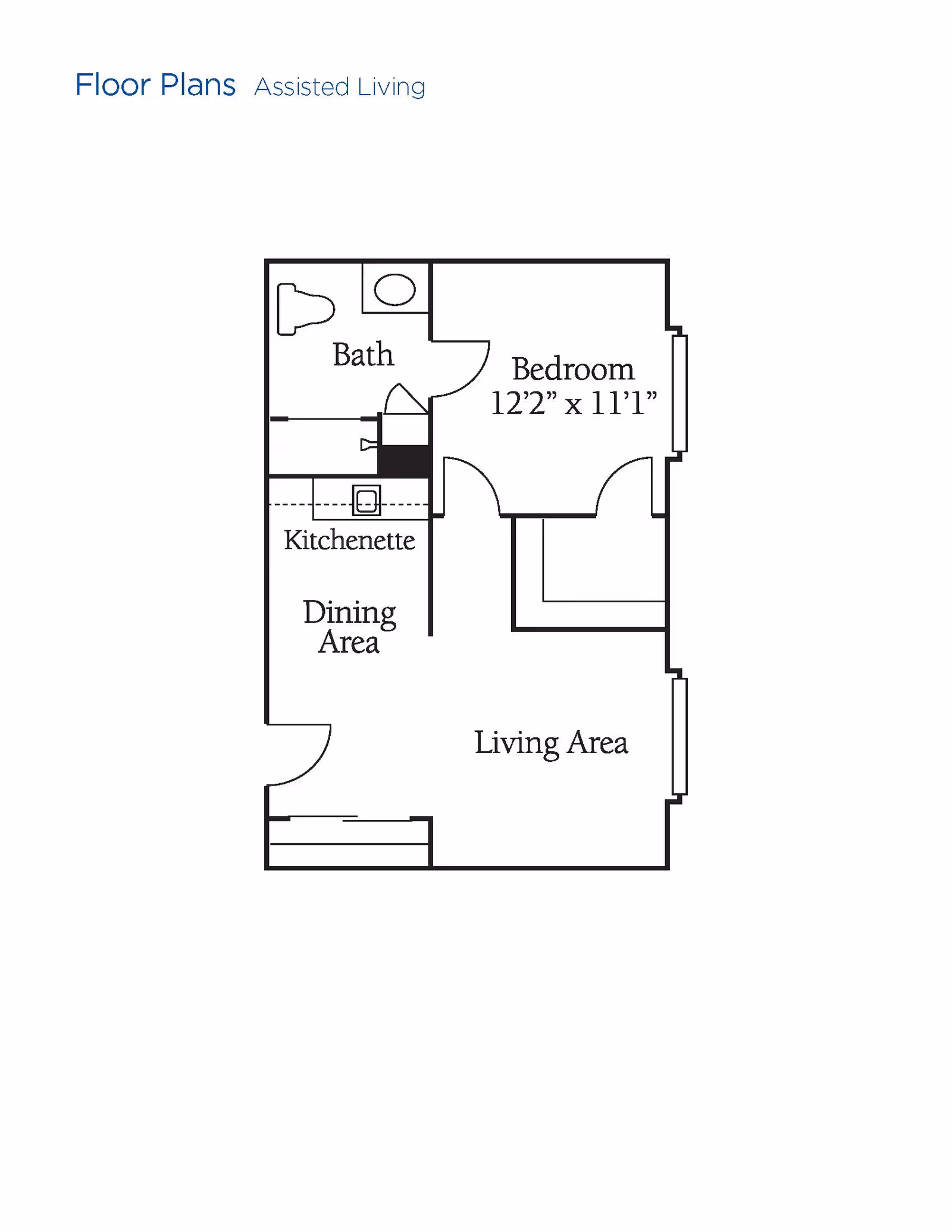 Floor plan for an assisted living unit at Brookdale Highlands showing a bedroom measuring 12 feet 2 inches by 11 feet 1 inch, a bathroom, a kitchenette, a dining area, and a living area.