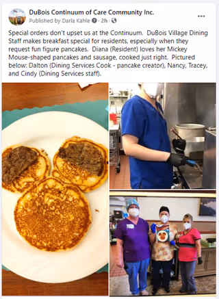 Collage of three images: top left shows a plate with Mickey Mouse-shaped pancakes and sausage; top right shows a person in blue scrubs and gloves cooking in a kitchen; bottom shows three staff members wearing masks and standing together in a kitchen or dining area.