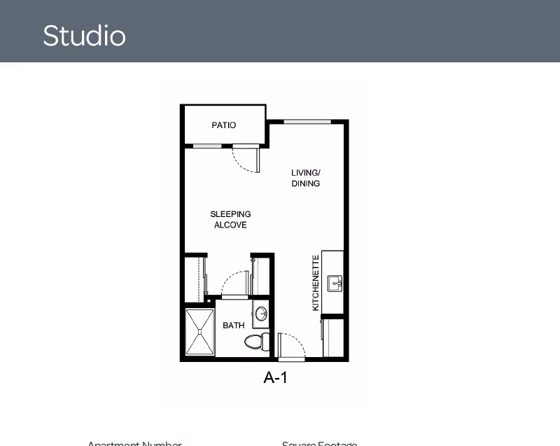 Floor plan of a studio apartment at Holiday Kittery Estates showing a patio, living/dining area, sleeping alcove, kitchenette, and bathroom.