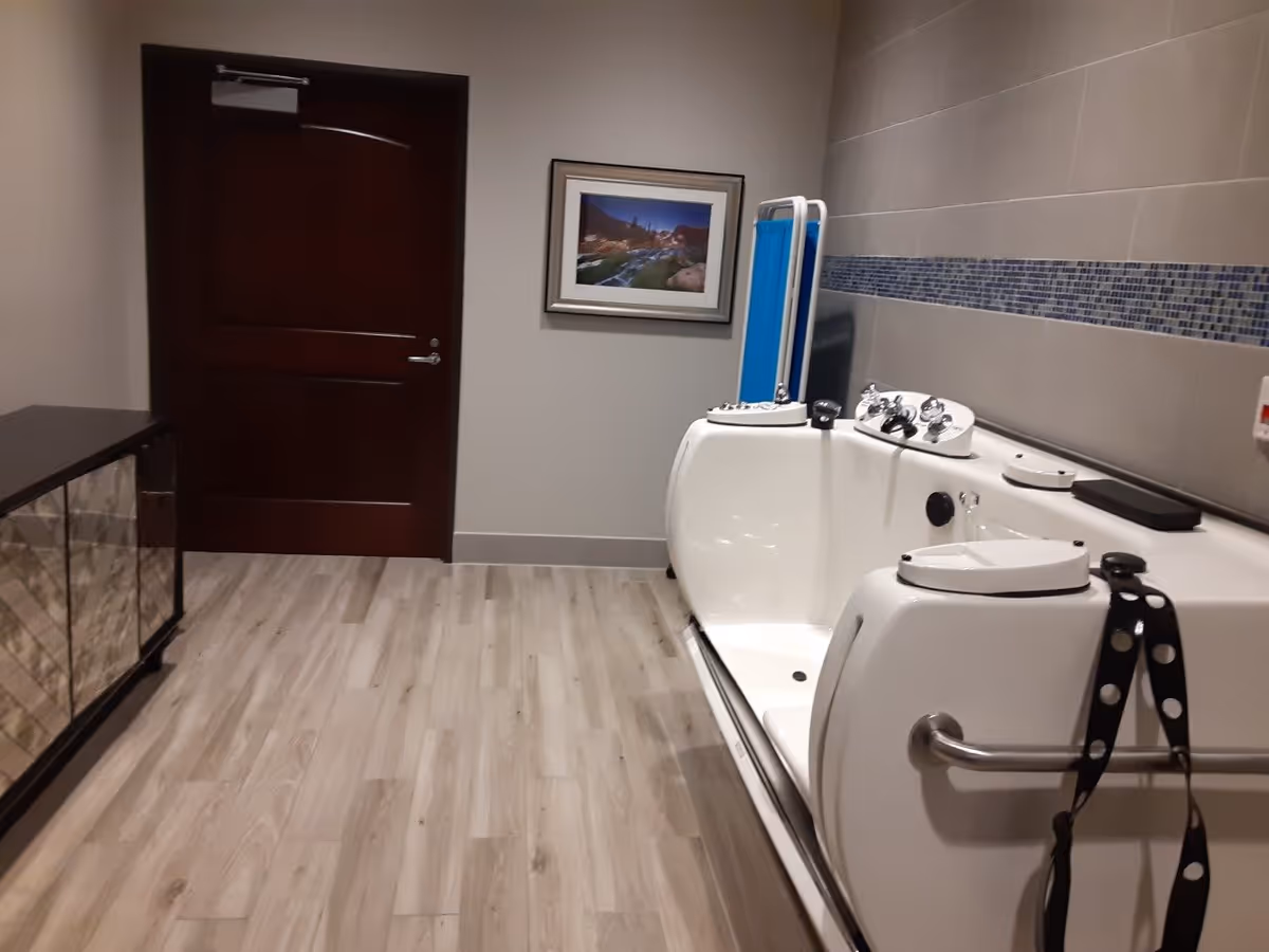A room with a large white therapeutic bathtub equipped with multiple controls and safety handles, a dark wooden door, a framed landscape picture on the wall, light wood flooring, and a cabinet with mirrored doors.