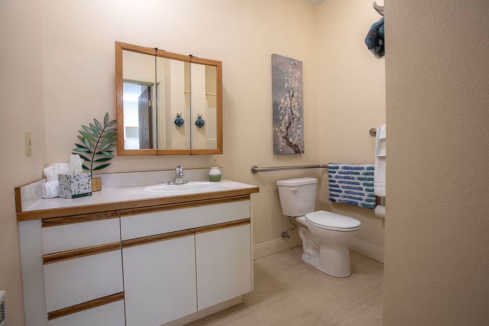 A clean bathroom with a white toilet, a vanity with a sink, a mirror cabinet above the sink, a decorative plant, a tissue box, and a painting of a flowering tree on the wall. There are blue and white towels hanging on a grab bar next to the toilet.