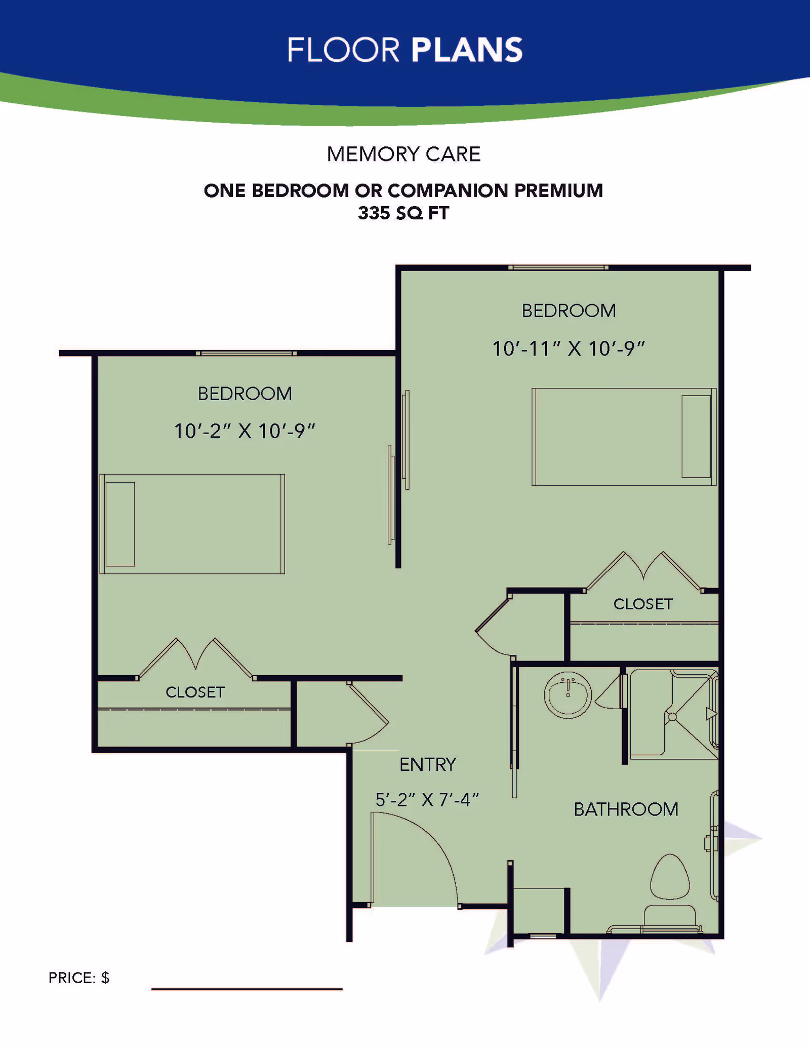 Floor plan for a memory care unit at River Point Of Kerrville showing a one bedroom or companion premium layout with 335 square feet. The plan includes two bedrooms, each with a closet, an entry area, and a bathroom with a sink, toilet, and shower.