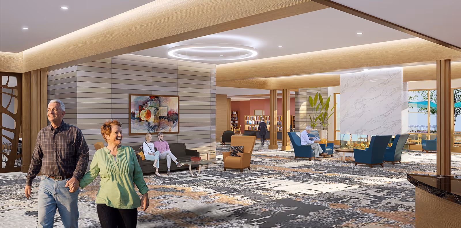 A spacious and modern senior living facility common area with comfortable seating including armchairs and sofas. Several seniors are seen enjoying the space, some sitting and reading, while a couple walks hand in hand. The room features a large decorative fireplace, contemporary lighting, and large windows letting in natural light.