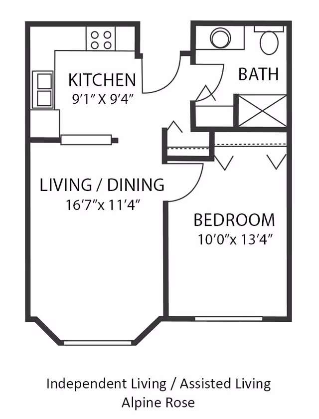 Floor plan layout of an independent living or assisted living unit named Alpine Rose at Rose Arbor and Wildflower Lodge. The plan includes a kitchen measuring 9 feet 1 inch by 9 feet 4 inches, a living/dining area measuring 16 feet 7 inches by 11 feet 4 inches, a bedroom measuring 10 feet by 13 feet 4 inches, and a bathroom with a toilet, sink, and shower.