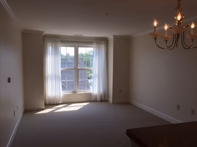 Empty room with beige carpet, white walls, a large window with sheer white curtains letting in natural light, and a chandelier with lit bulbs hanging from the ceiling. Part of a countertop is visible in the foreground.
