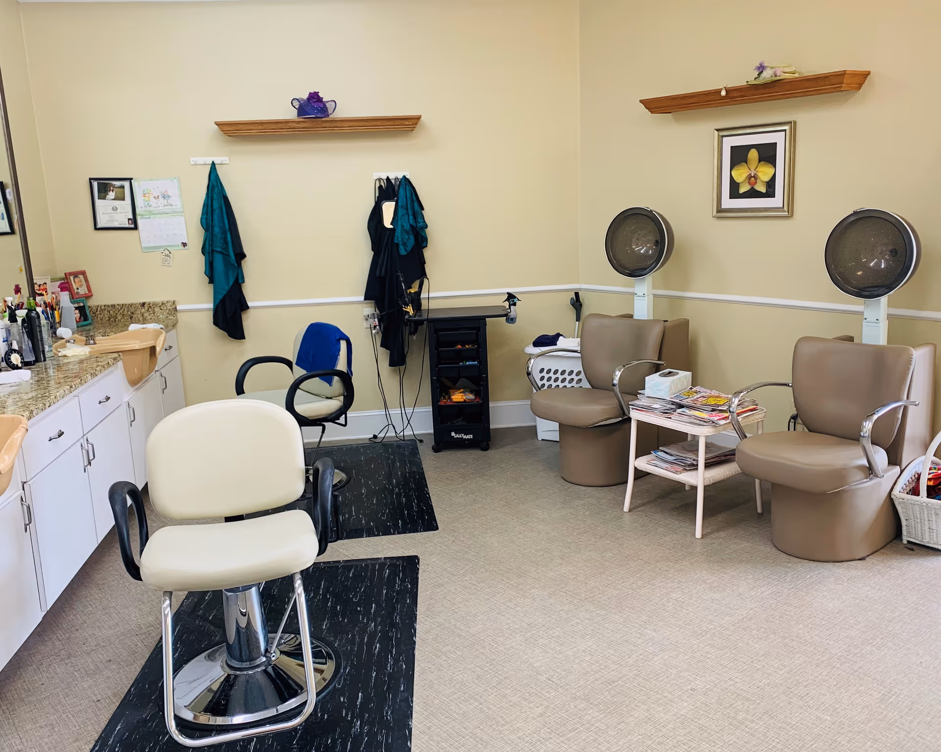 Interior of a salon area in a senior living facility with beige walls and flooring. The room features salon chairs, hair drying stations with two hooded dryers, a counter with a sink and various hair products, and shelves with decorative items. There are towels hanging on hooks and a small table with magazines and tissues between the drying chairs.