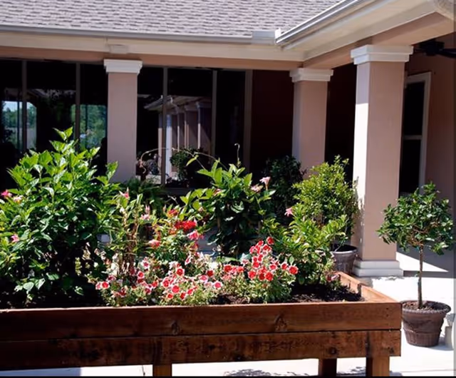 A raised wooden planter box filled with various green plants and pink flowers in front of a building with beige columns and large windows reflecting the surroundings.