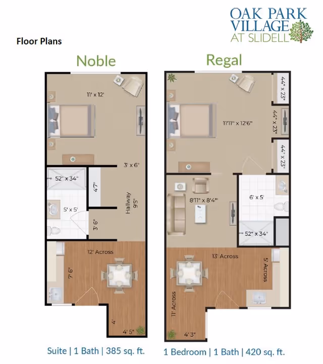 Floor plans for Oak Park Village at Slidell showing two layouts: Noble, a suite with 1 bath and 385 sq. ft., and Regal, a 1 bedroom with 1 bath and 420 sq. ft. Both plans include labeled room dimensions and furniture placement.