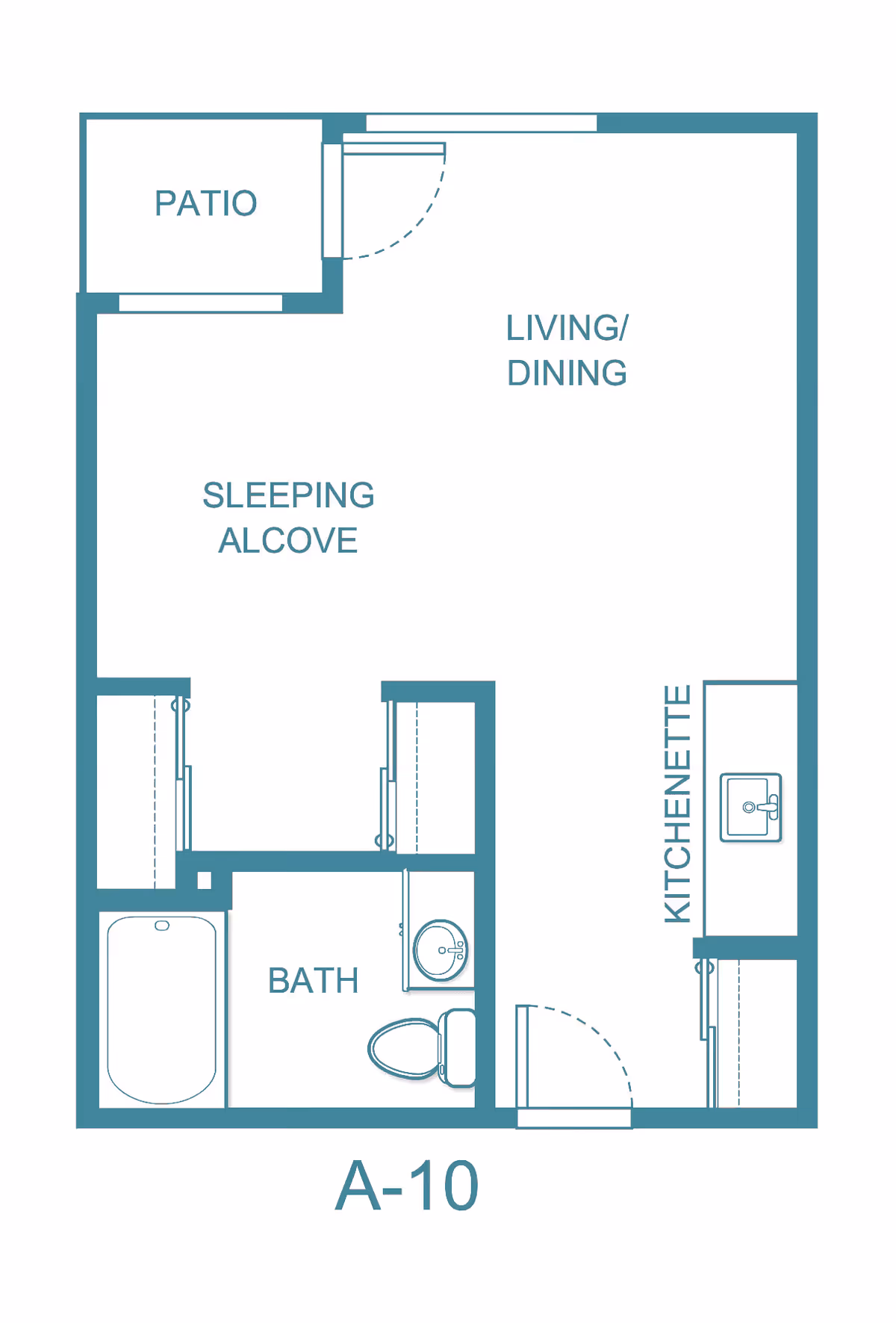 Floor plan of a senior living unit labeled A-10 featuring a patio, living/dining area, sleeping alcove, bath with bathtub and toilet, and a kitchenette with a sink.