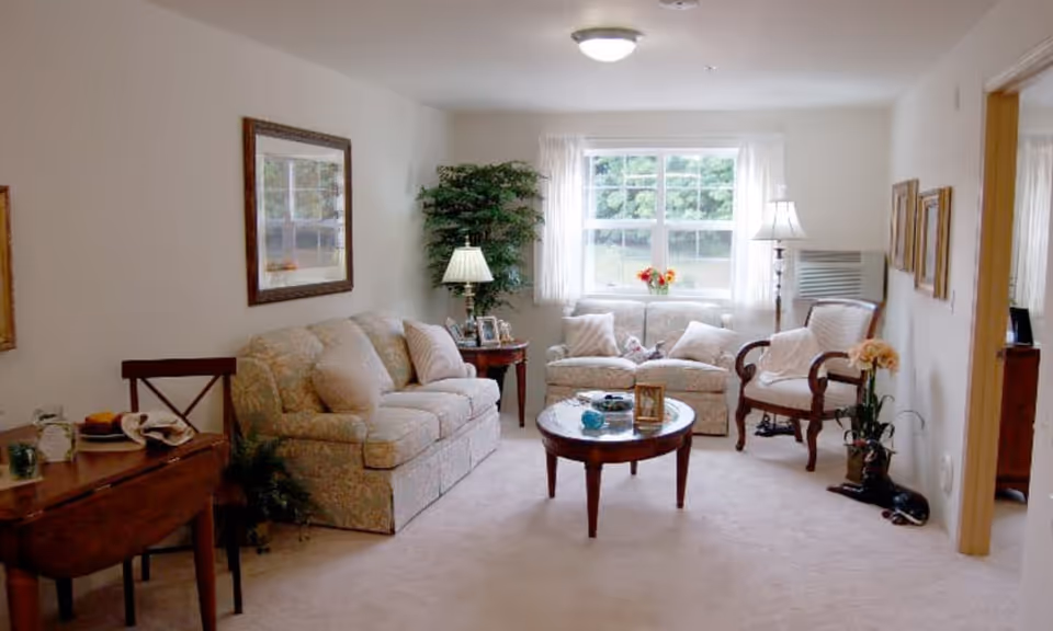 Bright living room with a patterned sofa and loveseat, armchair, round coffee table, lamps and a window showing greenery outside.