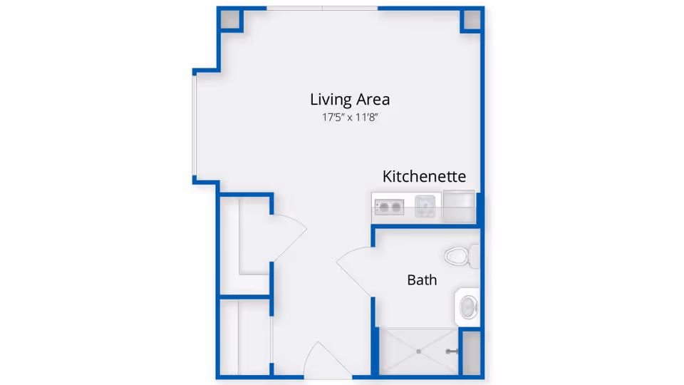 Floor plan layout of a senior living unit at River Ridge at Avon showing a living area measuring 17 feet 5 inches by 11 feet 8 inches, a kitchenette, and a bathroom with a shower, toilet, and sink.