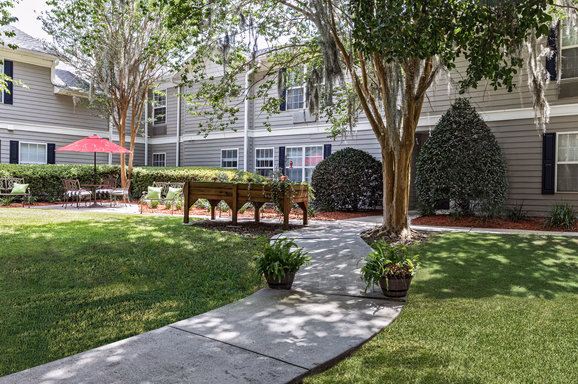 Outdoor courtyard area at The Gables of Gainesville featuring a curved concrete walkway flanked by two potted ferns, green grass, trees, trimmed bushes, and a seating area with metal chairs and a table under a red umbrella next to a raised wooden planter box.