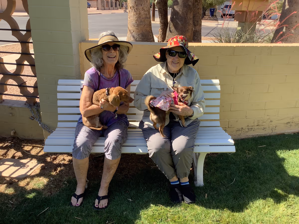Two elderly women sitting on a white bench outdoors, each holding a small dog. Both women are wearing sun hats and sunglasses, smiling in a sunny garden area with a yellow brick wall and palm trees behind them.