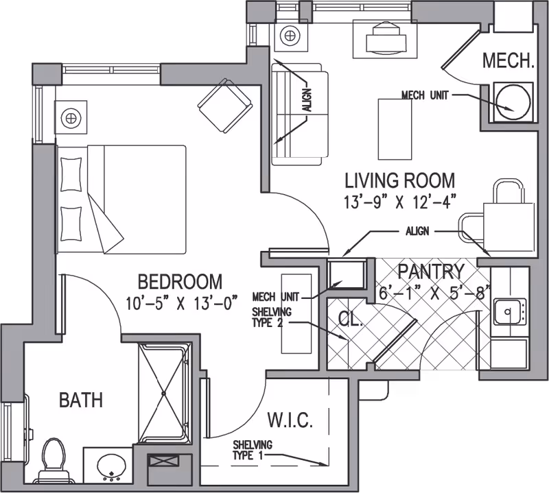 Architectural floor plan of a senior living unit at Landow House showing a bedroom with a bed and nightstand, a bathroom with toilet and sink, a walk-in closet, a living room with sofa and chair, a pantry, and mechanical units.